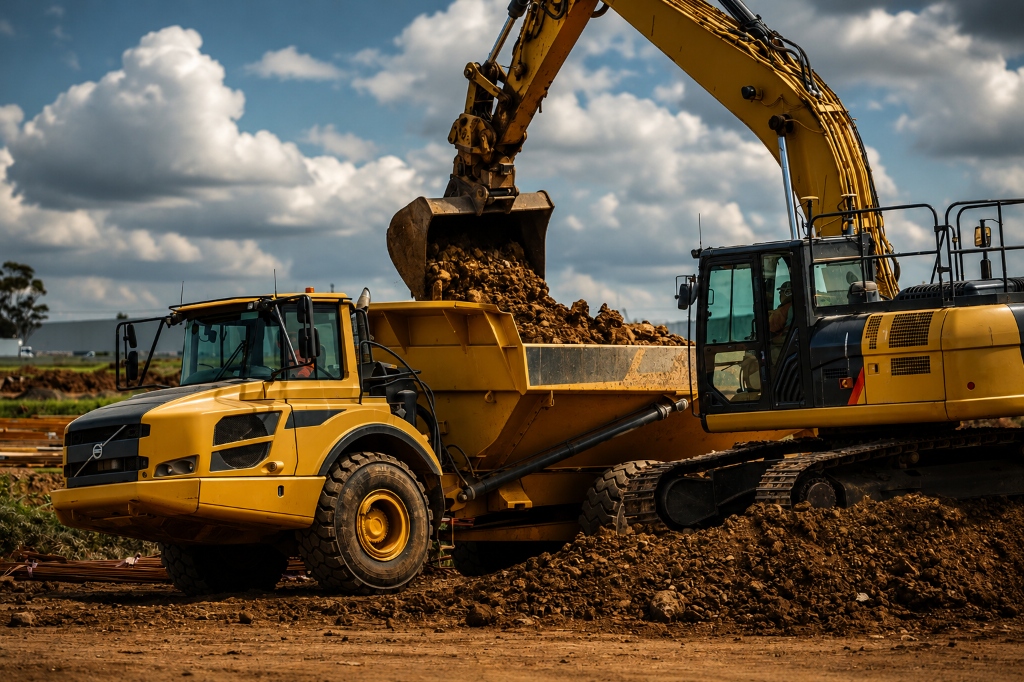 Excavadora y camión volquete en obra de construcción